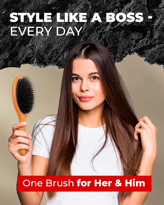 Bossman Men's Boar and Nylon Bristle Hair and Beard Brush - Detangling & Straightening Wooden Oval Wet Brush - Ergonomic Bamboo Design