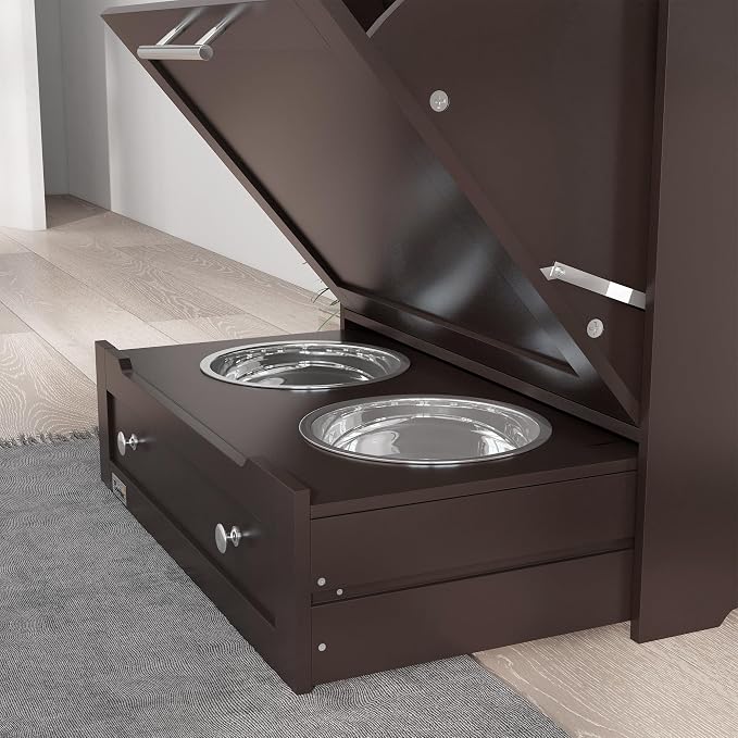 PawHut Dog Feeding Station with Raised Bowls, Pet Feeder Station, Brown | Dog Food Storage Cabinet, Hanger for Feeding & Watering Supplies