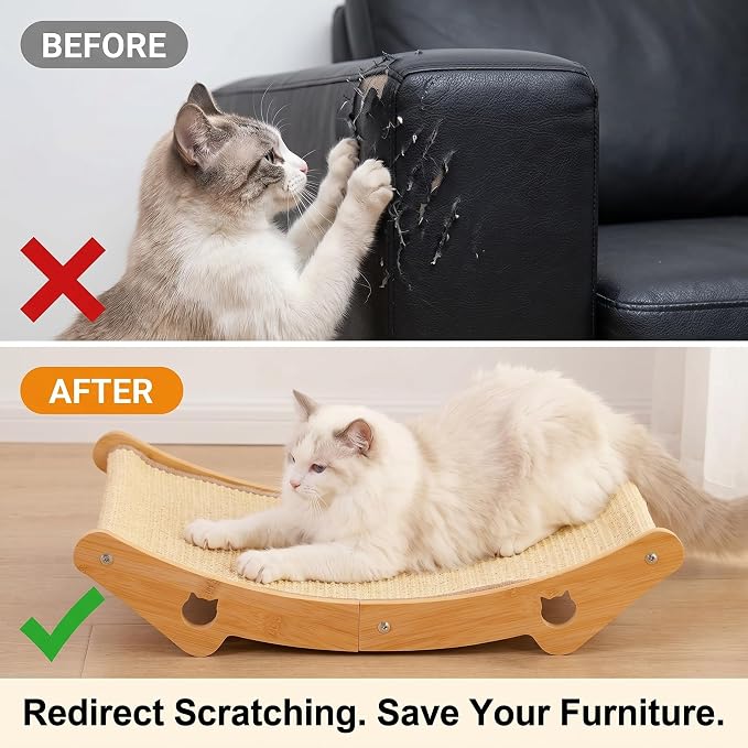 Cat Scratcher & Scratching Lounge, 3-in-1 Sisal Bed & Hammock for Indoor Cats, Wood Frame, Curved Lounge, Large 23.6x13.8in, Cat Furniture, 20 lbs