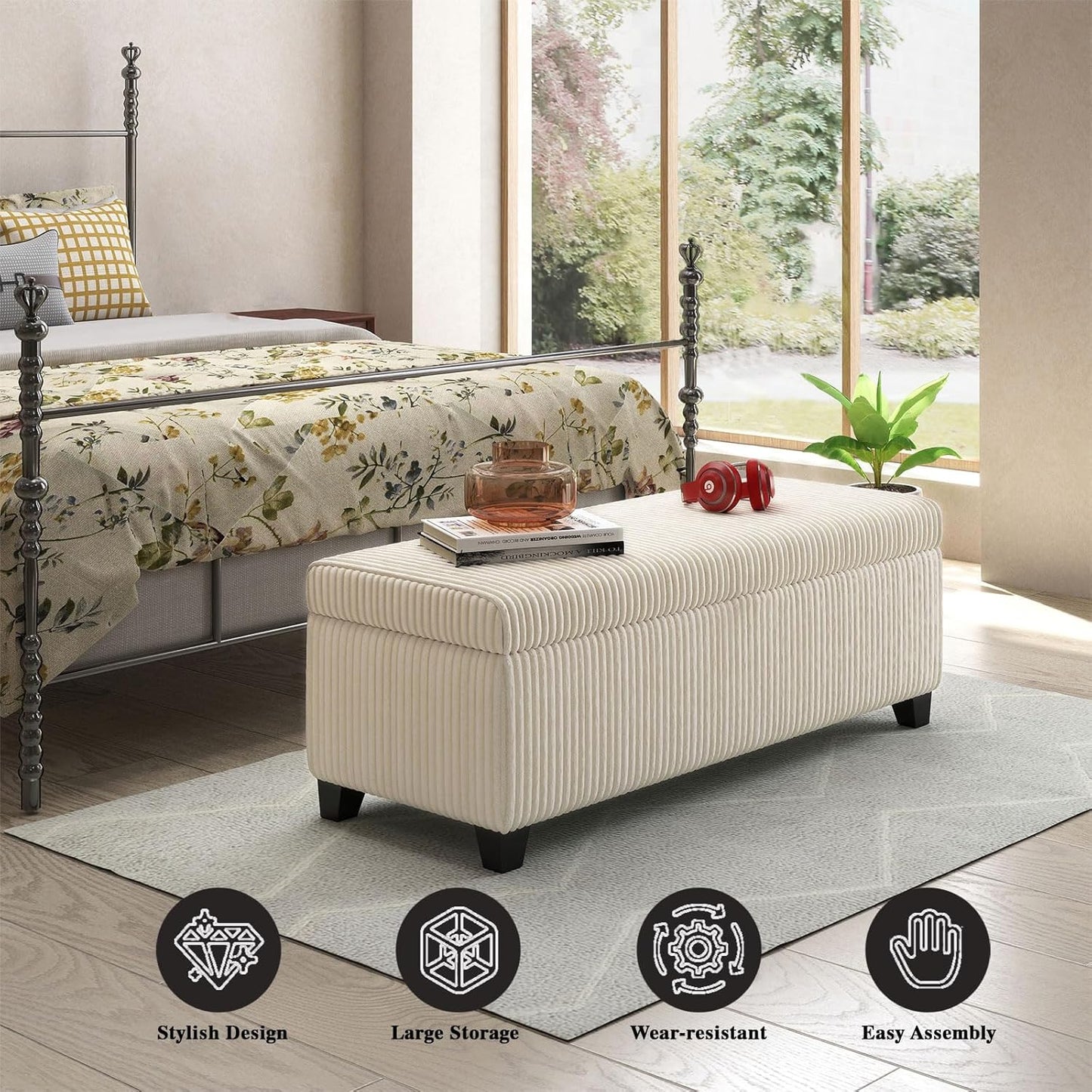 48" Ottoman with Storage, Corduroy Storage Ottoman Bench for Bedroom, End of Bed Bench with Safety Hinge for Living Room, Bedroom, Entryway, White