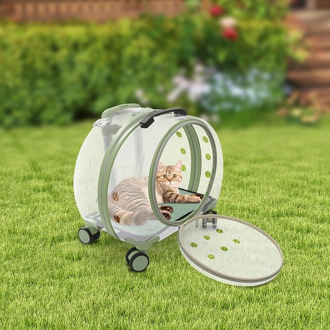 Pet Carrier with Wheels, Transparent Hard Breathable Pet Carrier with Ventilation Holes Telescopic Handle Multiple Carrying Strollers for Cats Dogs (Green)