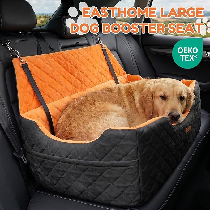Dog Car Seat for Large Medium Dogs up to 55 lbs, Memory Foam Dog Booster Seat with Storage Pocket, 2 Safety Leashes,Washable Cover, Portable Anxiety Pet Travel Bed, Black