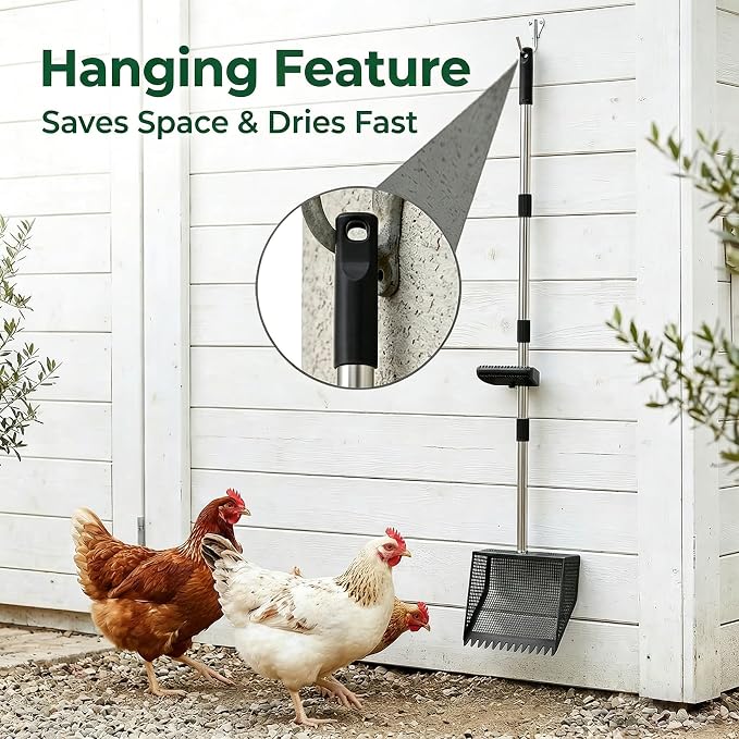 TOOGE Large Chicken Poop Scooper: 2-in-1 Metal Pooper Scooper & Rake Adjustable 62" Long Handle Stainless Steel Sand Sifting Litter Shovel Chicken Coop Scoop Cleaning for Bedding Goats Farm Yard Black