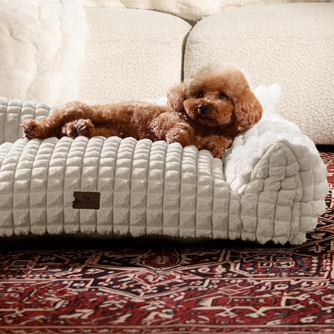Orthopedic Dog Bed for Medium Dogs, Supportive Couch Style Pet Bed with Faux Rabbit Fur, Washable Removable Cover, 3D Diamond Pattern, 36 Inch, Off White