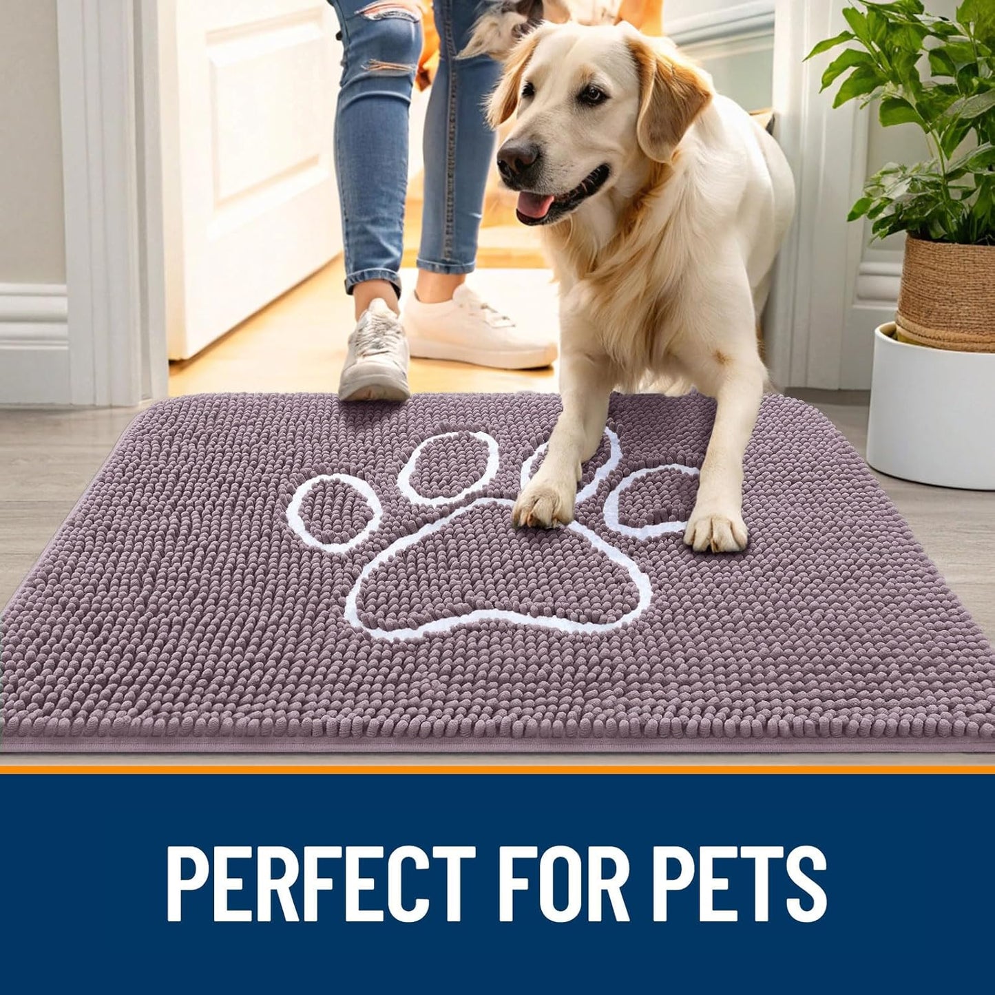 OLANLY Door Mat for Muddy Dog Paws 30x20, Absorbent Chenille Mud Doormat with Paw Print Design, Non-Slip Washable Doormat for Indoor Entryway, Quick-Dry Pet Bed Mats for Dirty Dogs, Deep Plum