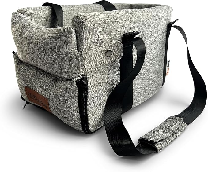 Center Console Dog Car Seat for Small Dogs and Puppies 5-13Lbs, Ideal Armrest Booster Car Travel Seat with Safety Protection Seat Belts, Storage Pockets - Reduces Anxiety (Woven - Grey)