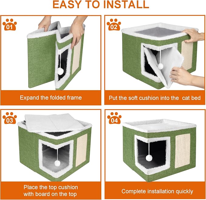 Loyareal Cat Houses for Indoor Cats - Large Cat Bed Cave with Scratch Pad and Fluffy Ball, Foldable Cat Condo Hideaway with Reversible Cushion for Multi Small Pet, Green