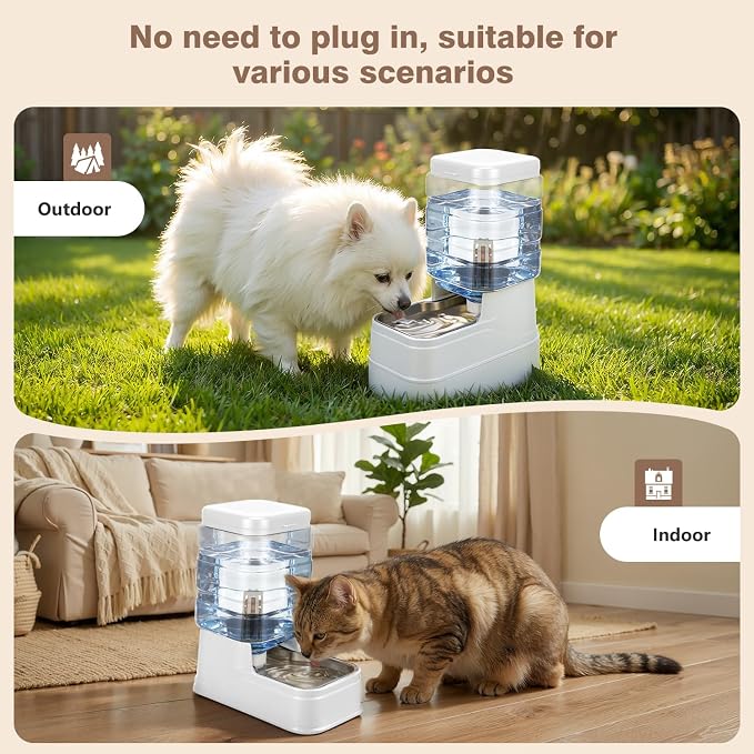1.6 Gallon Pet Automatic Dog Water Dispenser Cat Gravity Waterer Feeder with Stainless Steel Bowl 8L Large Capacity Puppy Feeding Raised Bowls with Filter,Ice Pack (White, 6L(1.6 Gallon))