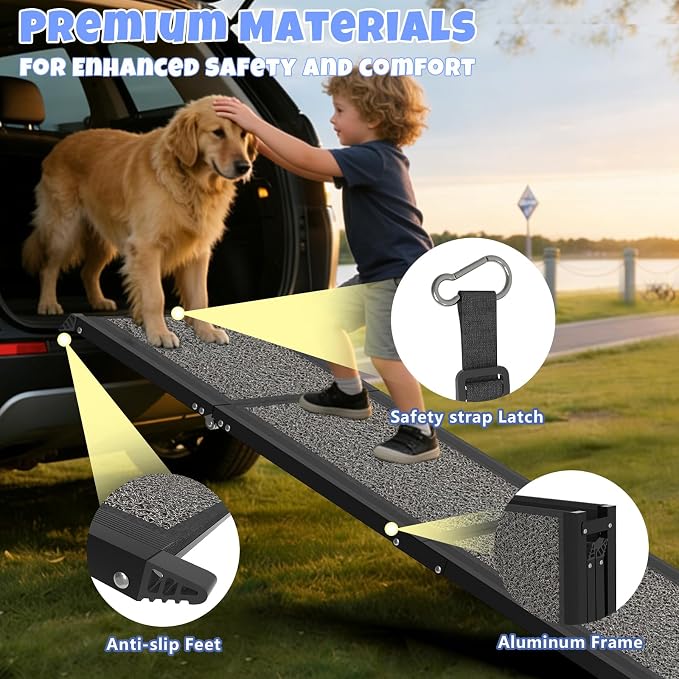 Dog Ramp for Car 63" x 20", Folding Pet Ramp for Large Dogs with Non-Slip Rug Surface, Portable Dog Car Ramp for SUV Car & Truck