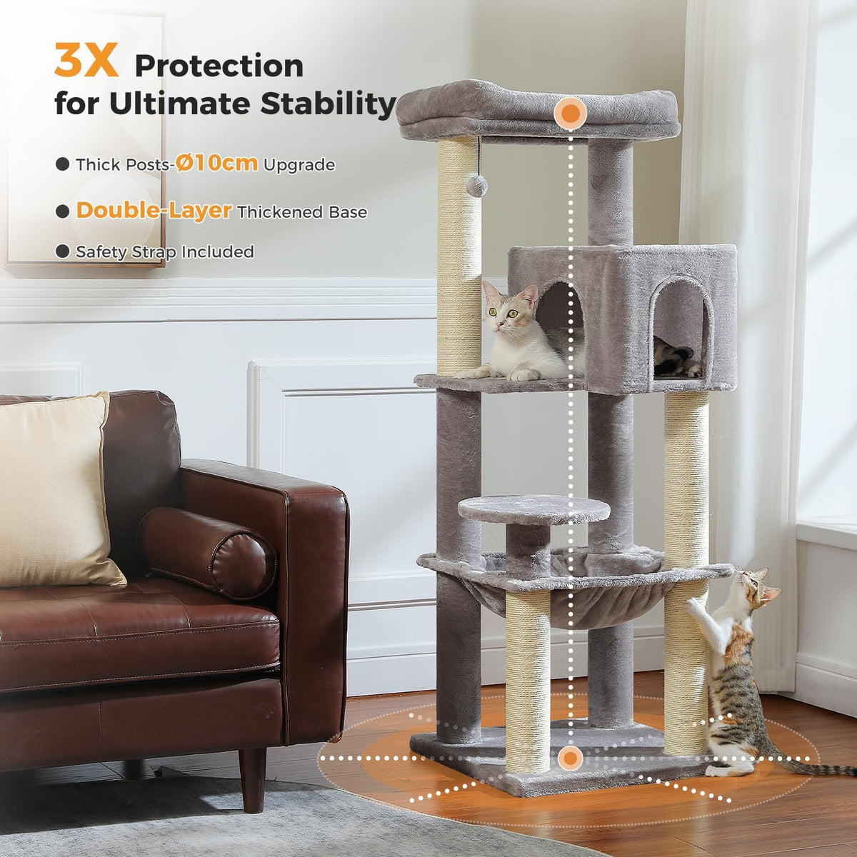 Large Cat Tree with Reinforced Scratching Posts (φ3.1in) for Big Adult Cats 30 lbs, 57.8" Heavy Duty Cat Tower with Larger Hammock and Condo, Cat Furniture for Maine Coon, Plush,Grey