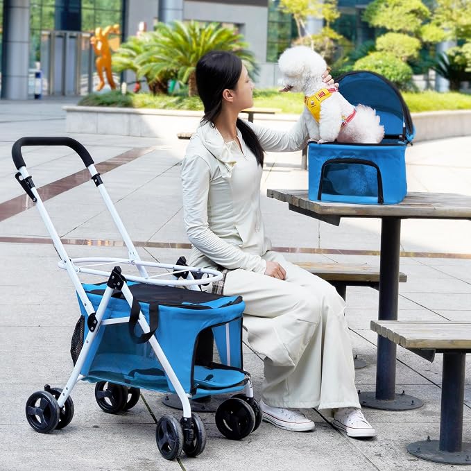 Double Dog Stroller with 2 Detachable Carrier, Portable Pet Stroller for Small Dogs & Cats Folding Lightweight Puppy Travel Carriage, 4 Wheels, Azure