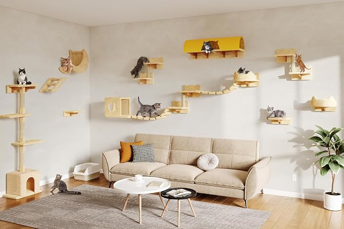 26-in-1 Cat Wall Shelves with Cat Tree, 40''L Tunnel, Moon, Beige | Wall Mounted Cats Furniture Set with Plush Fabric, Cat Climbing Systems for 16 Inch Drywall, with Scratching Posts, Bridge