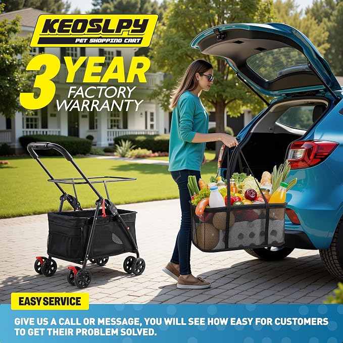 Upgraded Folding Shopping Cart & Pet Stroller 99 LB, 2-in-1 Personal Portable Shopping Cart with Removable Basket & Lower Dogs Stroller for Groceries, Laundry, Camping Pet Traveling
