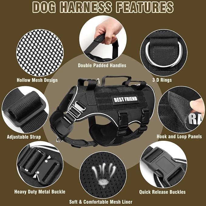 Air Mesh Tactical Dog Harness with Metal Buckles&MOLLE,Black XL | Breathable Adjustable No Pull Service Dog Vest with 3 Padded Handles,Military Dog Harness for Training Hiking Hunting Working