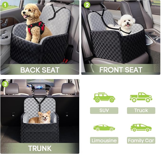 Waterproof Dog Booster Car Seat for Small Medium Dogs up to 26 lbs | 6-Inch Elevated Memory Foam CarSeat, Detachable Washable Cover, Y-Shape Safety Belt, Storage Pockets, Fits in Front/Back Seat