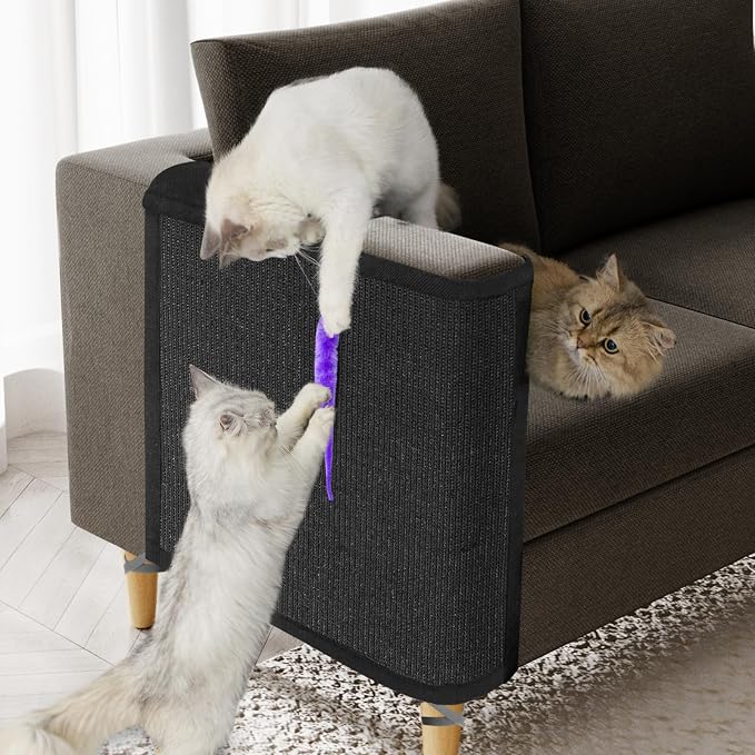 Cat Scratch Couch Protector,Cat Scratch Sofa Armrest Cover with Sisal Mat and Toy for Cats,Sofa Scratcher Furniture Protector 23.6’’L*19.7’’W (Black/Right Hand)