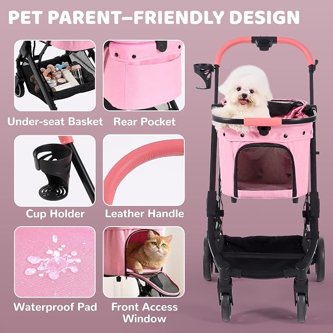 Dog Stroller for Small to Medium Dogs with Detachable Carrier, Pink | 3-in-1 Pet Stroller, Dual-layer UV-Resistant Waterproof Canopy with Breathable Mesh, All-Terrain PU Wheels with Suspension