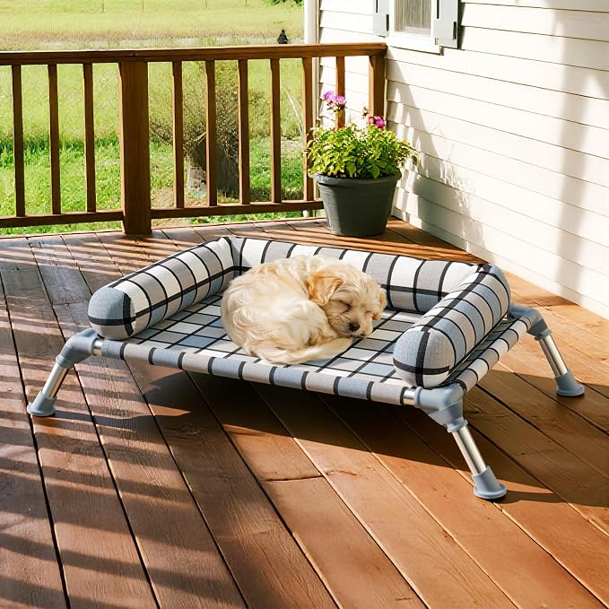 Elevated Dog Bed with Bolster,Portable Raised Lifted Pillow Pet Cot Beds | Breathable Fabric Dogs Hammock Bed for Indoor & Outdoor, Stainless Steel Frame, Anti-Slip Feet