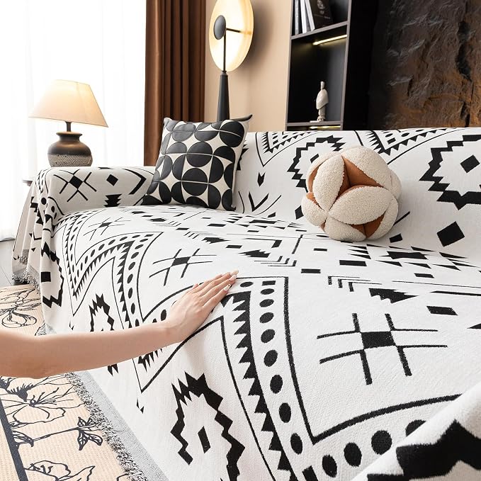 VClife Southwestern Tribal Sofa Cover Bohemian Black White Aztec Geometric Pattern Couch Cover Furniture Protector with Tassel Fringe 3-Seater Couch Cushion Cover 71" X 134"