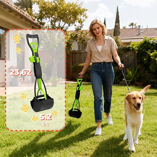 30L Dog Poop Trash Can Outside, Dog Waste Container with Pooper Scooper | Foot-pedal lid, removable inner bucket, metal rake, shovel & dustpan, bone bag dispenser with 5 waste bag rolls for yard.