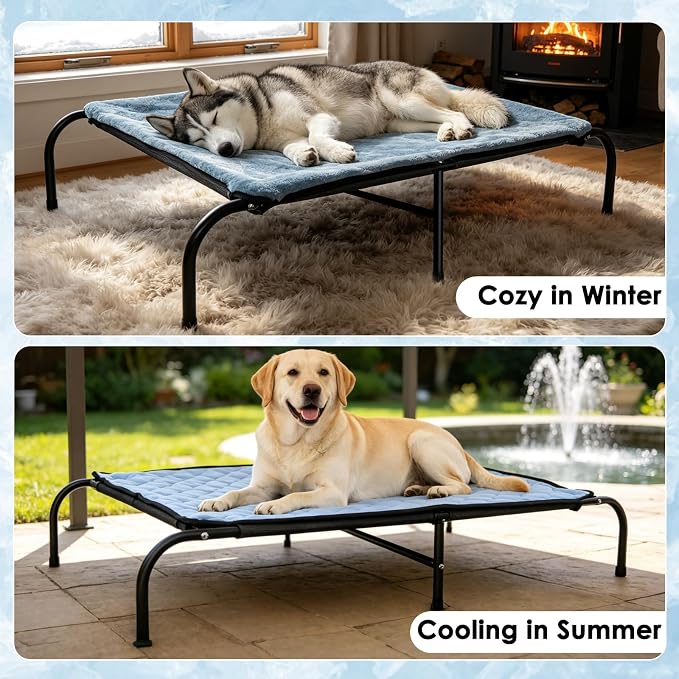 SZEE Elevated Dog Bed, Cooling Dog Cot Bed, Support Up to 100 LBS for Large Breeds, with Durable Steel Frame, Reversible Ice Silk Mat & Sturdy Teslin Mesh, Outdoor & Indoor All-Season Use - L