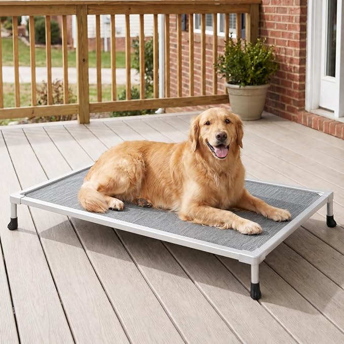Veehoo Chew Proof Elevated Dog Bed, Silver Aluminum Dog Cot, Pre-Assembled | Cooling Raised Dog Bed for Large Dogs, Indestructible Dog Bed for 49" Crate, Breathbale, Non-Slip Feet, Indoor Outdoor
