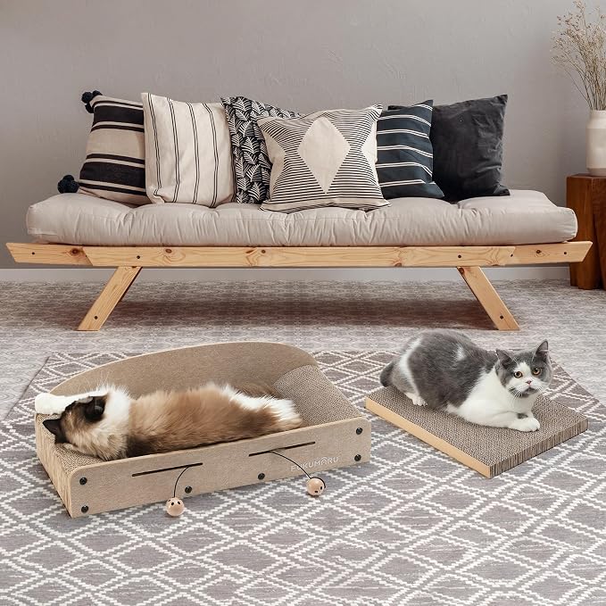 FUKUMARU 26 Inch Cat Scratcher Bed, 2 Reversible Cardboard Cat Scratch Pads Refill for Indoor Cats, Durable Large Cats Scratching Bed Sofa Couch Lounger with Fun Toys, Furniture Protector, Beige