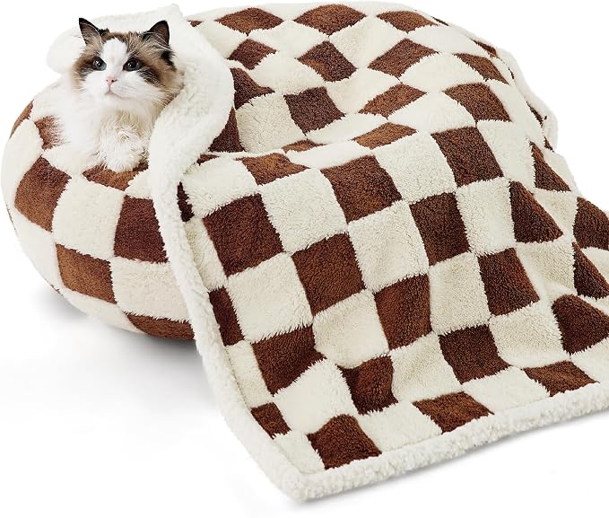 LE SURE Waterproof Dog Blankets for Small Dogs Cute Cozy 3D Jacquard,25x35 | Puppy Blanket for Cat Aesthetic Gift, Warm Soft Sherpa Throw Washable, Reversible Pet Couch Protector, Brown Checks