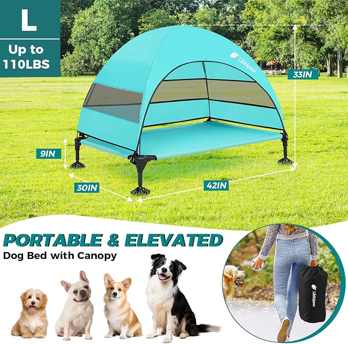 Outdoor Elevated Dog Bed with Canopy for Large Dogs, Blue, L | Breathable Raised Cot with Shade, Tool-Free Setup for Patios, Backyards and Camping