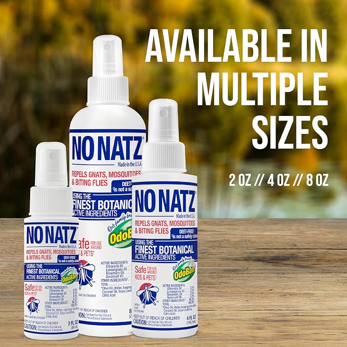 No Natz Botanical Insect Repellent, DEET-Free, Made with Natural Essential Oils, Non-Greasy Formula, Made in the USA, Fresh Scent, 8 Ounce and 2 Ounce Spray Bottle, 2-Pack
