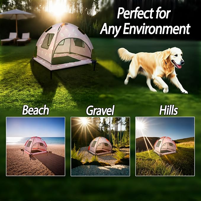 Elevated Covered Dog Bed - 36" x 36" x 30" - Dog Shade Canopy Lounger for Small & Large Dogs (Up to 110 lbs) - Portable & Durable - Cooling, UV & Water Resistant with Mesh Windows - Pastel Pink