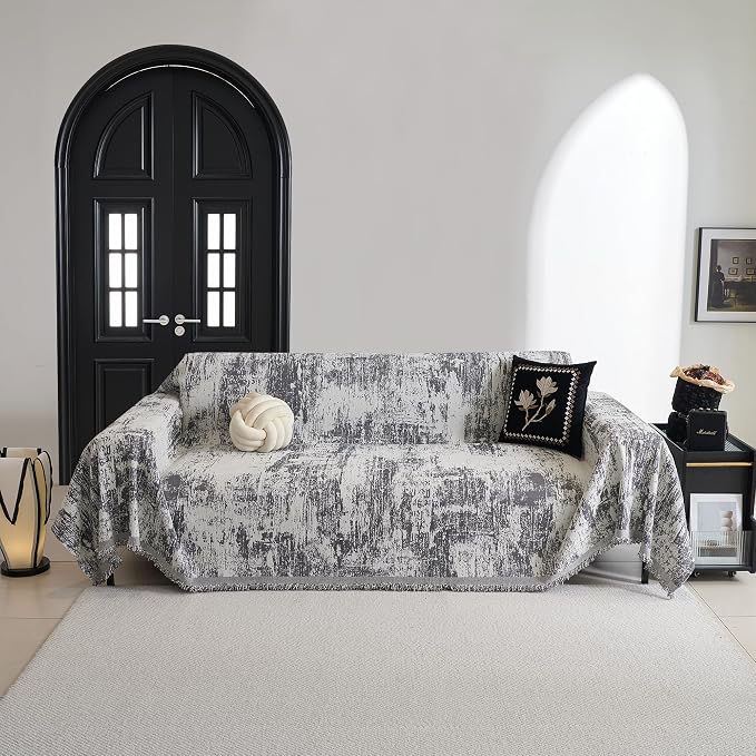 MYSKY HOME Boho Couch Cover for Dogs Washable Deep Grey Abstract Couch Sofa Protector for Loveseat Sofa Pets Friendly Chenille Geometric Sofa Covers Soft Durable Farmhouse Sofa Slipcovers, 91" X118"