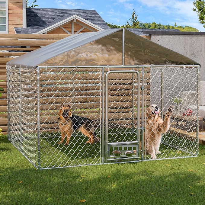 10×10×7 FT Outdoor Dog Kennel Enclosure w/Roof, Rotating Feeder | Large Heavy Duty Dog Run Playpen with 2 Stainless Bowls, Galvanized Pet House with Secure Lock, Waterproof Cover