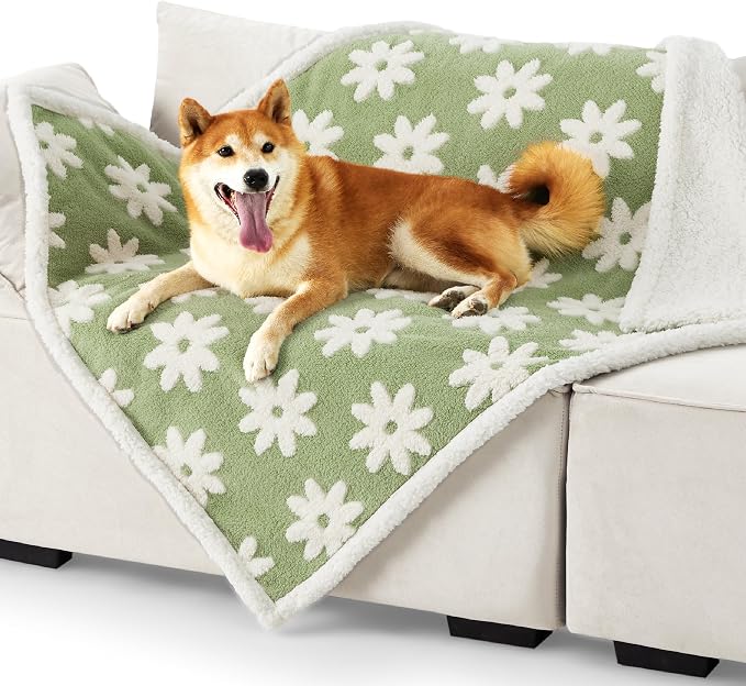 LE SURE Waterproof Dog Blankets for Large Dogs Cute Cozy 3D Jacquard,40x50 | Warm Soft Pet Blanket for Senior Dogs Aesthetic Gift, Washable Sherpa Throw, Reversible Couch Protector, Flower Garden Green