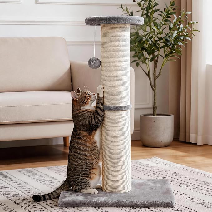 PAWSCRAT Cat Scratching Post 32" Tall, 5-Inch Diameter Natural Sisal Cat Scratch Post with Dangling Ball for Indoor Cats, Scratch-Resistant Durable and Protect Your Furniture, LightGrey