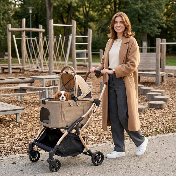 Auto-Folding Pet Stroller with Detachable Carrier, One-Hand Fold Frame & Carrier, Supports up to 33 lbs, Beige