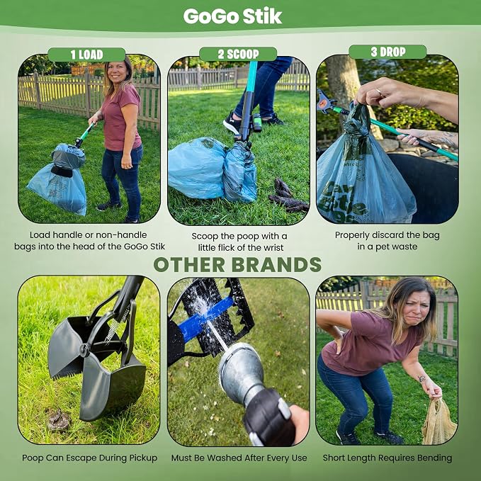 GoGo Stik XP Consumer Reports #1 Rated Ergonomic Scooper 2024, 2026. Quick, Clean, & Convenient Pro Pooper Scooper for All Dog Pet Waste Cleanup. Use Store Bags or Heavy Dootie Bags.