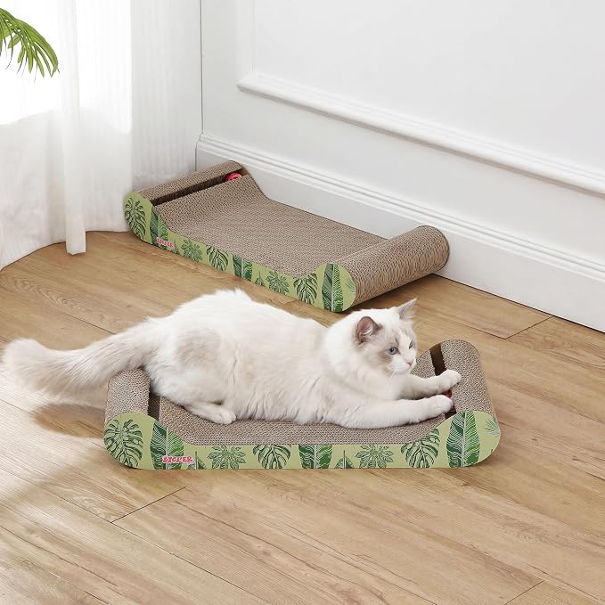 Rini 23.75" Modern Cardboard Cat Scratcher Lounge Bed with Built-in Bell Toys and Catnip, Ergonomic Curved Sofa Design, Mint/Green Leaf Pattern, Set of 2 CSR1003E-SET2