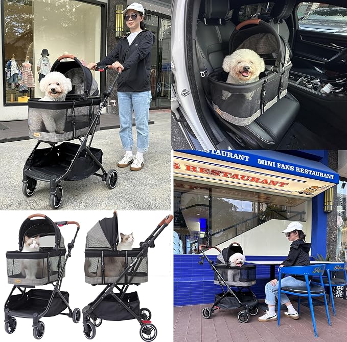 ROODO 2026 Upgraded Version 3-in-1 Dog Cat Stroller with Detachable Carrier Folding Lightweight Portable Travel Pet Gear All-Terrain Puppy Doggie Kitty Bunny Stroller for 35 lbs(Grey Lattice)
