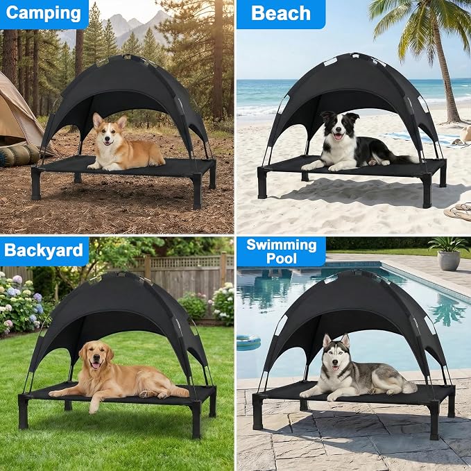 Elevated Dog Bed with Canopy Raised Pet Cot for Large Dogs, Outdoor Dog Cot with Removable Sun Shade Tent, Breathable Mesh Portable Dogs Cot for Camping, Beach, Backyard, Outdoor Use