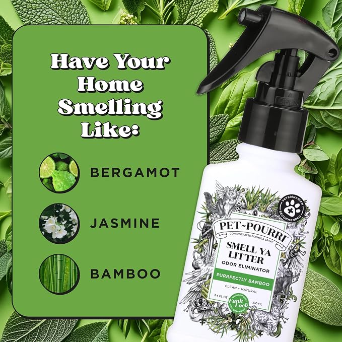 Pet-Pourri Smell Ya Litter Cat Litter Deodorizer Spray, Purrfectly Bamboo 3.4 Fl Oz, Up to 170 Uses,Pet Odor Remover Essential Oils Air,Carpet,Urine,Vet Recommended, Bergamot Bamboo Scent,(Pack of 2)