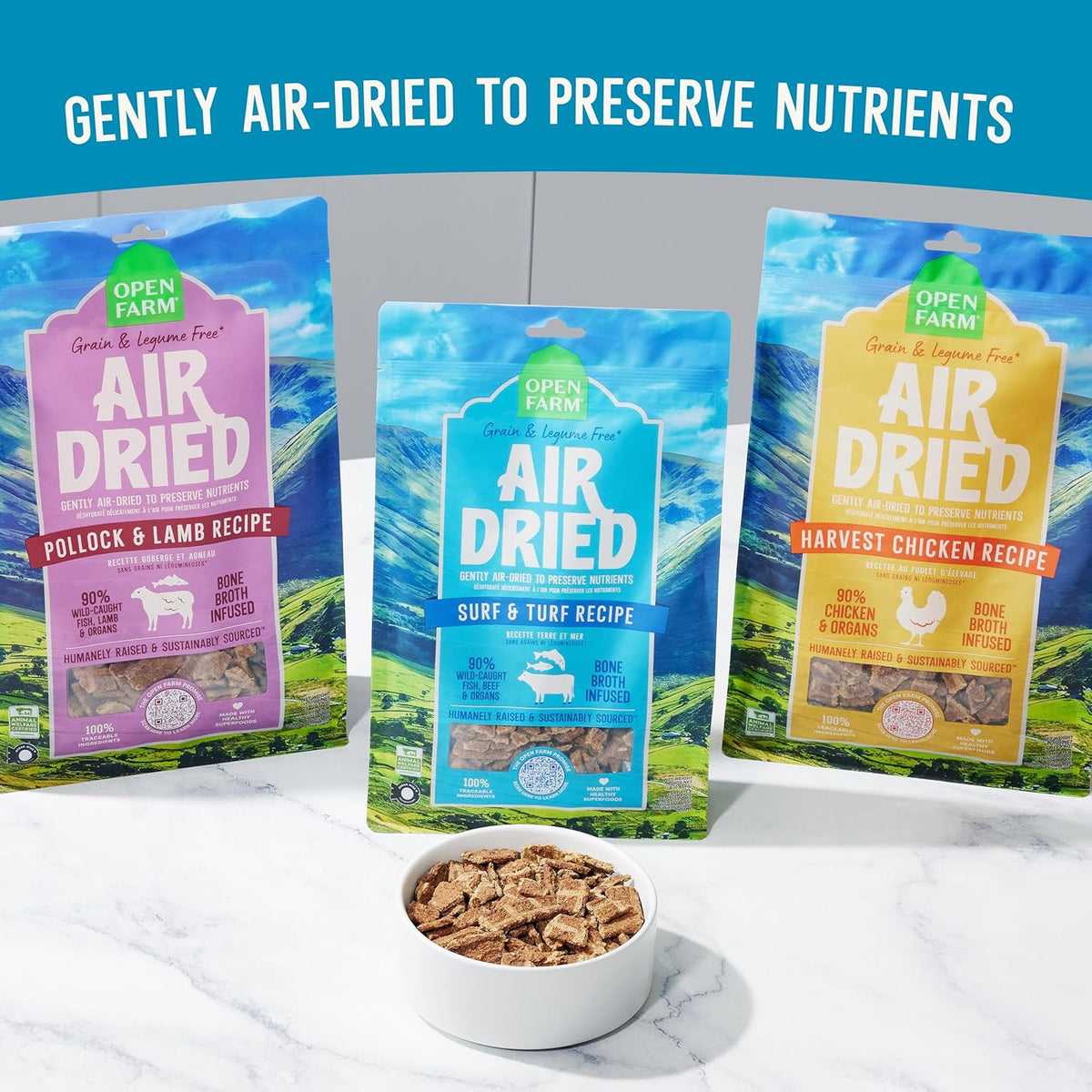 Open Farm, Air Dried Dog Food Infused with Bone Broth, Grain & Legume Free, Complete Meal or Food Topper, Surf & Turf Recipe, 1lb Bag