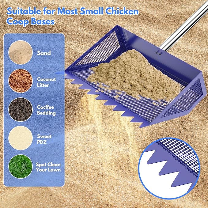 Chicken Poop Scooper Rake 2-in-1,304 Stainless Steel Shovel Head, Chicken Litter Scoop with Handle for Chicken Coop for Sand, Pet Waste Cleaning, Litter Sifting Shovel (35 to 65") (Blue, 10inch) | Chicken Poop Scooper