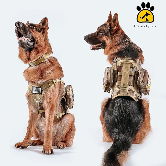 Forestpaw Tactical Dog Harness Pouches and Patches Set,M,Camo Brown | Adjustable Fits 22-35" Chest,30-80 lbs,No Pull Military Style Service Dog Vest for Daily Walking Training,Medium Dogs