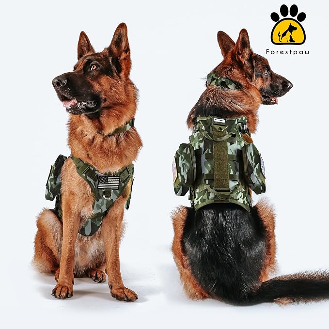 Forestpaw Tactical Dog Harness Pouches and Patches Set,L,Camo Green | Adjustable Fits 27-40" Chest,70-140 lbs,No Pull Military Style Service Dog Vest for Daily Walking Training,Medium Large Dogs