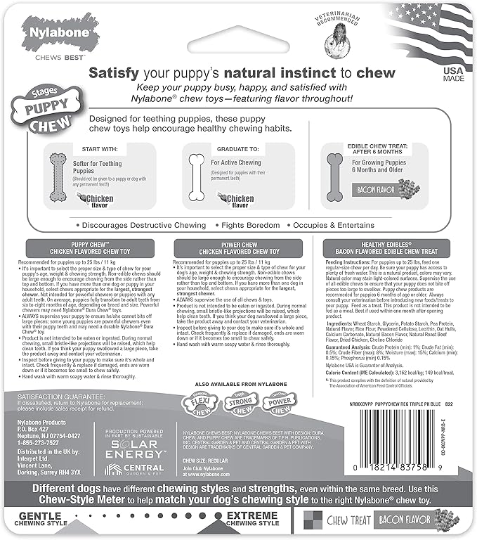 Nylabone New Puppy Starter Kit, Chew Toys & Natural Chew Treat for Puppies, Puppy Enrichment Teething Toys, Blue, Long Lasting Chicken & Bacon Flavor, Small Dogs - Up to 25 Ibs, 3 Pack