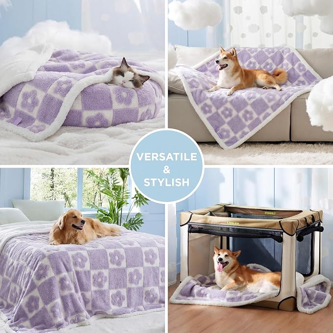 LE SURE Waterproof Blanket for Bed Cute Cozy 3D Jacquard, Twin(60x80) | Dog Blankets for Large Dogs, Pet Aesthetic Gift, Warm Soft Sherpa Throw, Reversible Couch Protector, Lavender Flower Checks