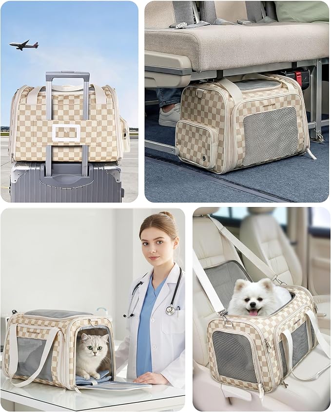 Homespon Soft-Sided Cat Carrier Dog Carrier, 34.5L Airline Approved Pet Carrier, Collapsible Travel Bag with Removable Bed for Small Dogs & Cats (Khaki Checkboard)