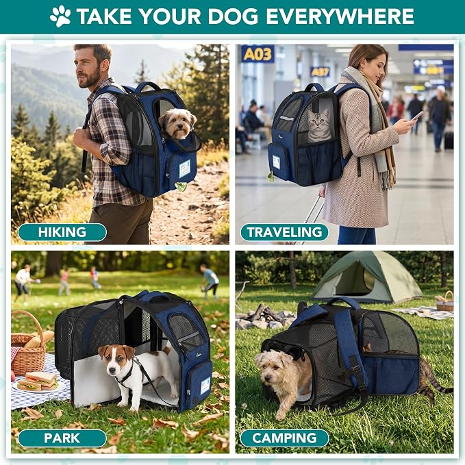 PetAmi Expandable Dog Backpack Carrier for Cats & Pets, Breathable Cat Carrier Backpack with Top Window & Multi-Entry, Ventilated Foldable Travel Carrier for Small Medium Pets up to 18 lbs, Navy