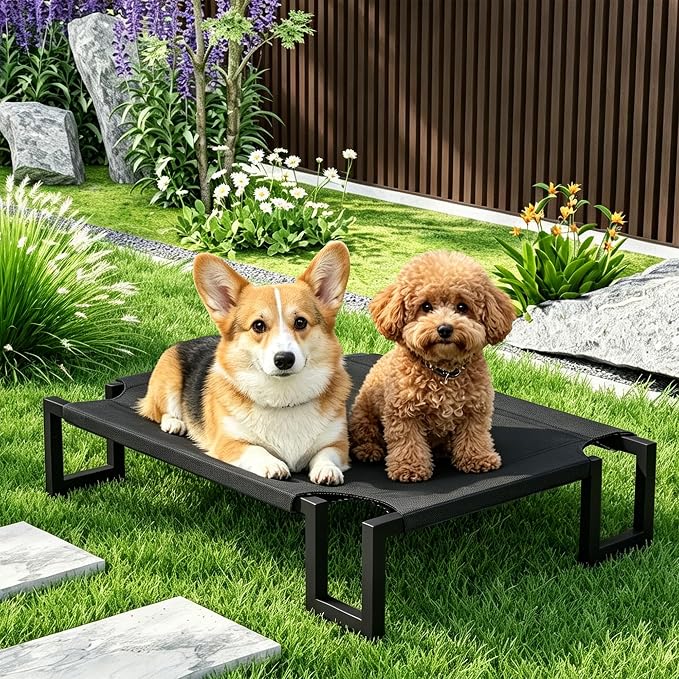 Elevated Dog Bed for Medium Sized Dogs,Raised Outdoor Dog Cot | Waterproof Cooling Pet Bed with Washable Cover,Breathable Teslin Mesh,Indoor & Outdoor,Durable,No-Slip Feet,Black 90×65×21cm